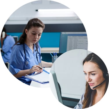 In a busy hospital, a nurse works on her desktop with confidence knowing an IT support staff from the managed services provider is always available to assist.