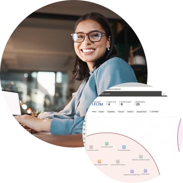 A female IT employee uses Agent Map in Microsoft Agent 365 to gain visibility into how agents are distributed across the tenant, helping her team identify ownership, usage, and potential governance gaps.