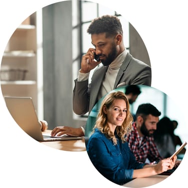 A female employee sits at her desk, securely collaborating with an external partner on her work laptop using Microsoft Entra External ID, effortlessly sharing resources while robust access controls and multi-factor authentication ensure secure communication and protect sensitive organizational data.