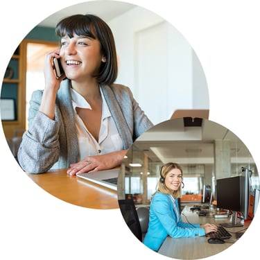 An employee multitasks in the office, securely accessing SaaS apps on her computer while managing tasks on her phone, with Microsoft Entra Internet Access ensuring seamless, identity-based security for Microsoft 365 and other cloud applications, enabling productivity without compromising data protection.