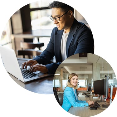 A remote employee smiles at his laptop screen as he securely accesses workload applications and services, with Microsoft Entra Workload ID ensuring seamless authentication, protecting non-human identities, and enabling secure access to organizational data and resources from anywhere.