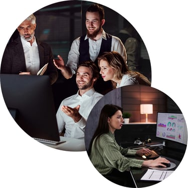 A risk management analyst confidently examines sensitive datasets in Microsoft Fabric, supported by Purview Information Protection and Data Loss Prevention policies that safeguard client privacy and prevent misuse.