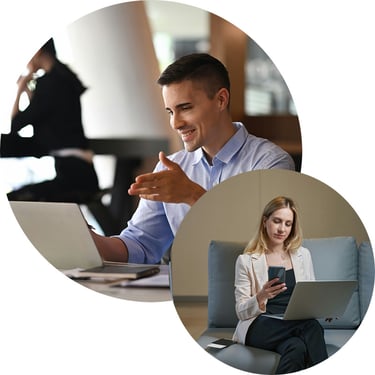While on a business trip, a female employee securely accesses and edits Word documents through Teams on her mobile device, protected by Microsoft Purview Information Protection.