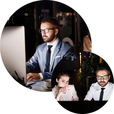 The compliance officers configure a departing employee policy template in Microsoft Purview Insider Risk Management, setting detection rules to monitor for unusual downloads, external sharing, and policy violations in the weeks before and after offboarding.