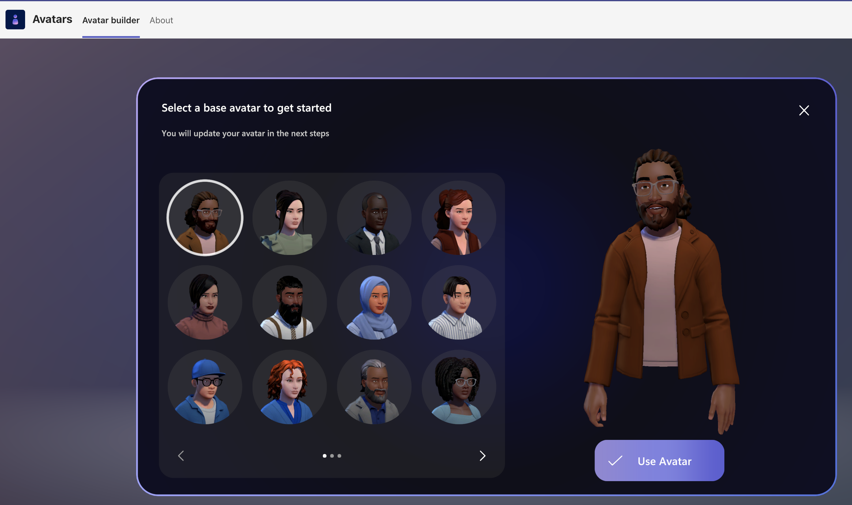 Picture of Microsoft Teams screenshot showing how to create and customize Avatar using the Avatar builder tool