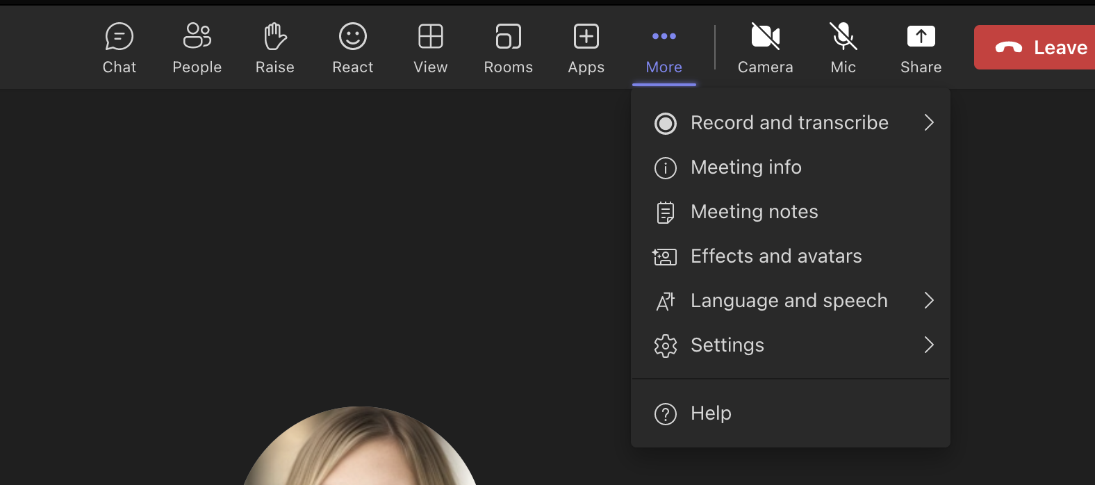 Picture of Microsoft Teams meeting screenshot showing how to create Avatars using "effects and avatars" feature