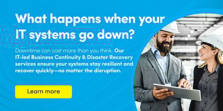 An image split between a darkened office with idle monitors and lost productivity, and a bright, functioning workspace supported by IT professionals—illustrating how our IT-led BCDR services help minimize costly downtime and keep business moving.