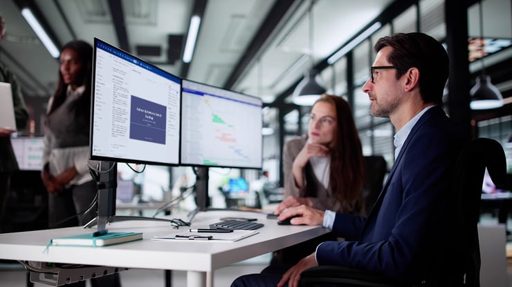 Employees collaborate on a business presentation while Microsoft Copilot Cowork helps streamline research, content creation, and workflow coordination.