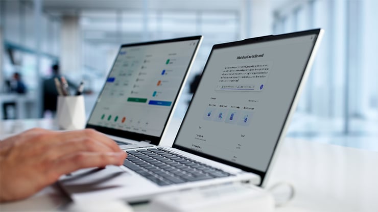 Screens displaying Microsoft Copilot Cowork highlight AI usage, workflow automation, and visibility into organizational activity.