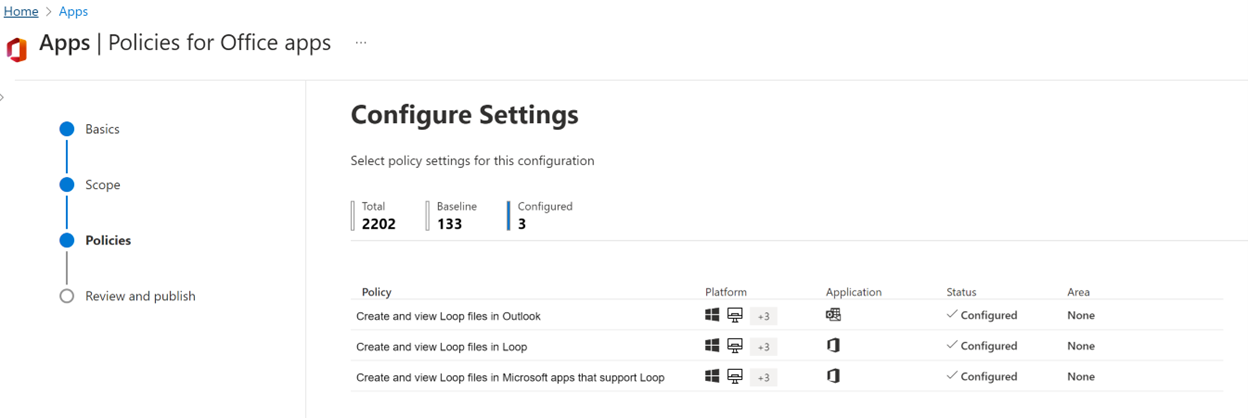 Picture showing Intune Apps policy blade