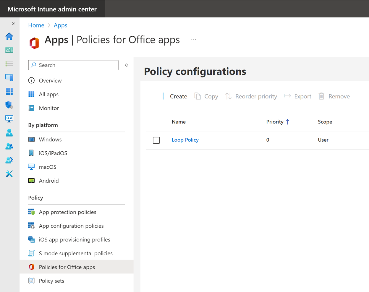 Picture showing administrative interface in the Microsoft Cloud called Office Policy Service