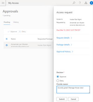 Picture showing a user approving access to Insider Risk Management