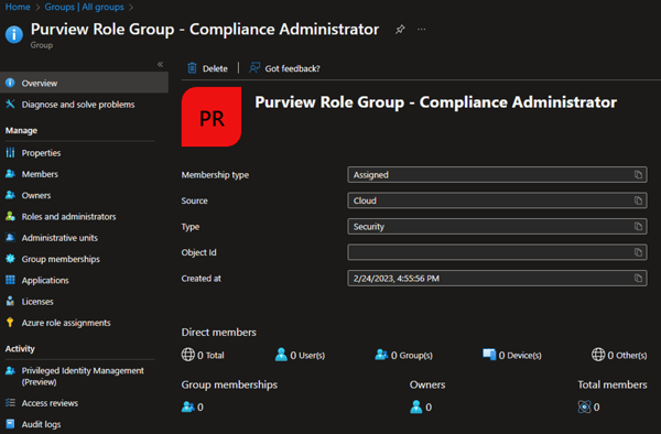 Picture showing groups empty in Purview Role Group