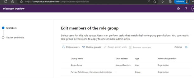 Picture of Microsoft Purview portal where groups are being mapped to roles