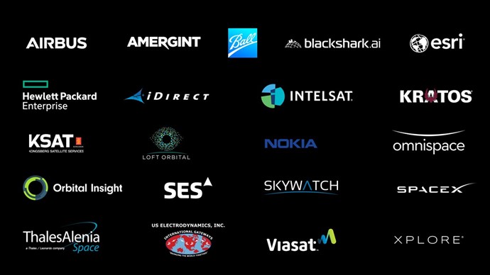 A list of the space partners with their logo on a black background. Airbus, Amergint, Ball, Blackshark.ai, esri, Hewlett Packard Enterprise, iDirect, Intelsat, Kratos, KSAT, Loft Orbital, Nokia, omnispace, Orbital Insight, SES, Skywatch, SpaceX, ThalesAlenia Space, US Electrodynamics In, Viasat, Explore