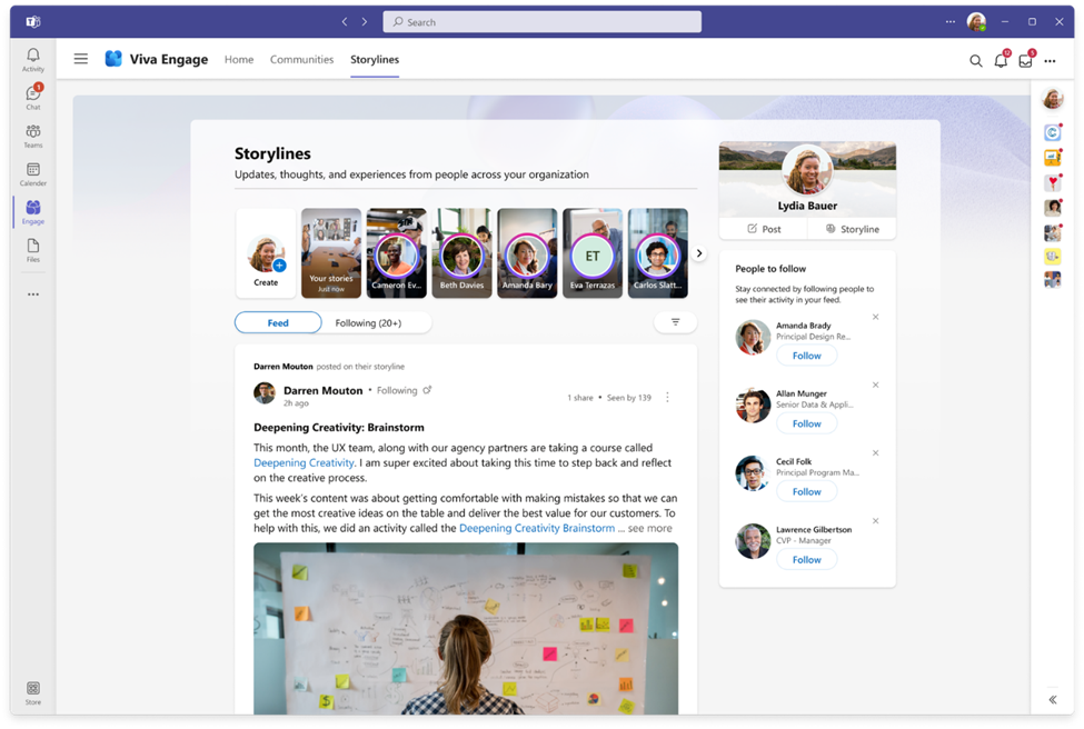 The interface of Viva Engage with storylines and stories. It looks similar to Facebook, with rectangles in a line across the top giving a preview of what your coworkers posted, plus a circle overlay with their profile picture or initials. The feed integrates long-form posts that are internal.