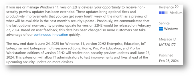 Announcement from Microsoft 365 Admin Center preparing Windows 11 customers for longer support cycles.