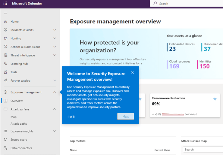 A screenshot of the exposure management overview dashboard