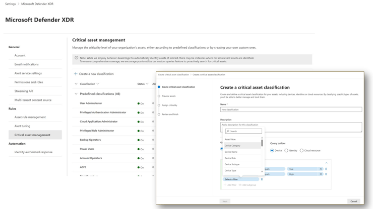 Screenshot showing the "critical asset management in Microsoft Defender XDR.