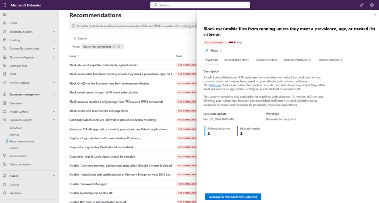 Screenshot showing the recommendations made in the Exposure Insights feature in Microsoft Defender.