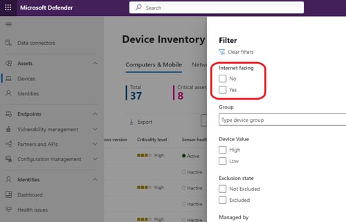 Screenshot showing the device inventory feature in Microsoft Defender.