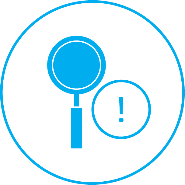 Icon that shows a magnifying glass with an indicator mark for identifying and addressing any gaps in an IT plan