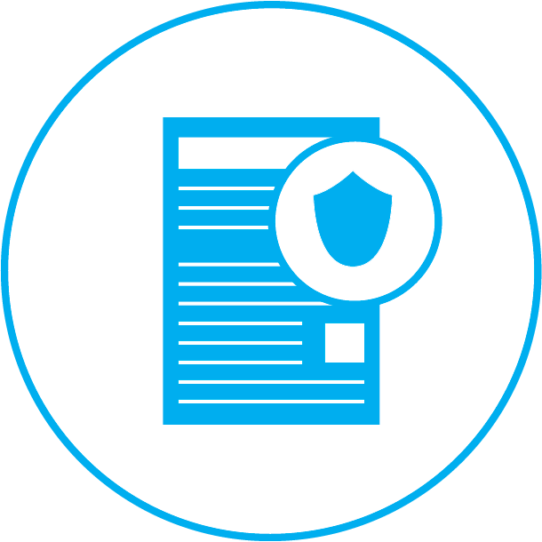 An icon featuring a policy document alongside a secure shield represents Microsoft Priva Privacy Risk Management’s ability to automate risk mitigation, streamlining privacy policy enforcement, proactively addressing potential threats, and ensuring compliance by reducing manual effort in managing data protection