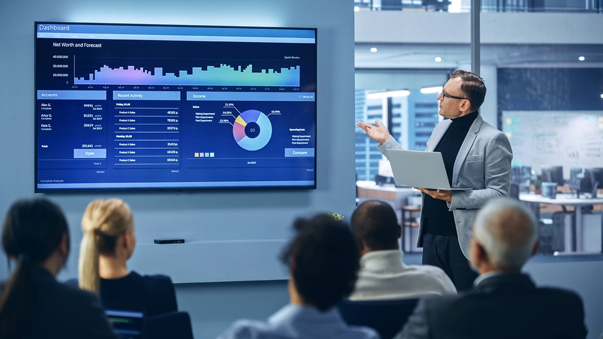 An employee presents a dashboard with forecast and net worth data to his colleagues, representing the business case that shows where AI can deliver measurable results