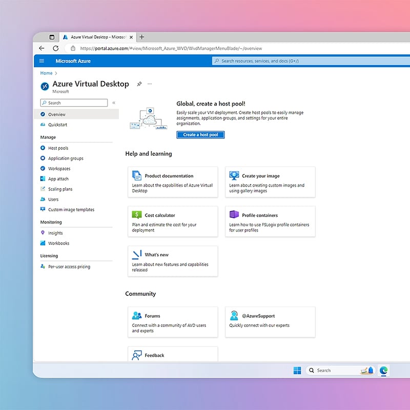 A screenshot of Azure Virtual Desktop shows how the platform helps organizations centralize desktop and application delivery so users can securely access work resources from a single cloud-based environment.