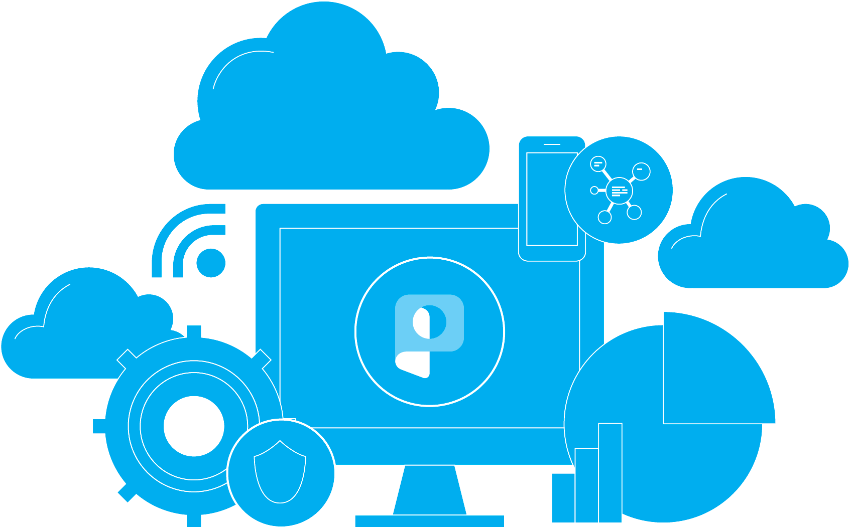 A central Microsoft Priva icon is surrounded by complementary icons—including a data icon, settings icon, secure icon, cloud icons, a work devices icon, and a digital transformation icon—representing its robust capabilities for data privacy management, security compliance, risk mitigation, and seamless integration across cloud environments and work devices.