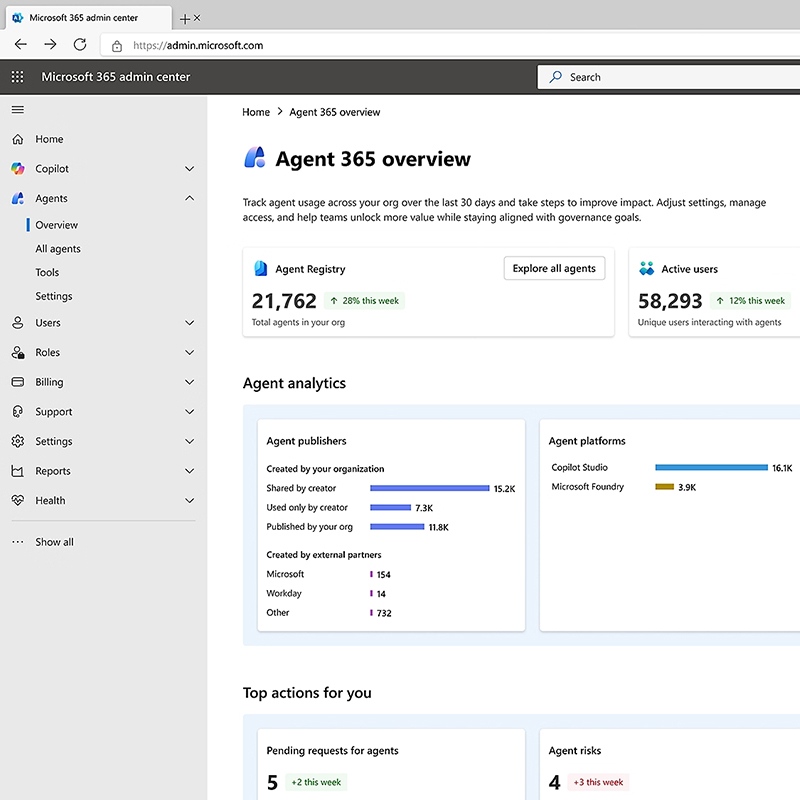 A screenshot of Microsoft Agent 365 shows how IT leaders can centralize agent inventory, visibility, monitoring, and governance in one management experience.