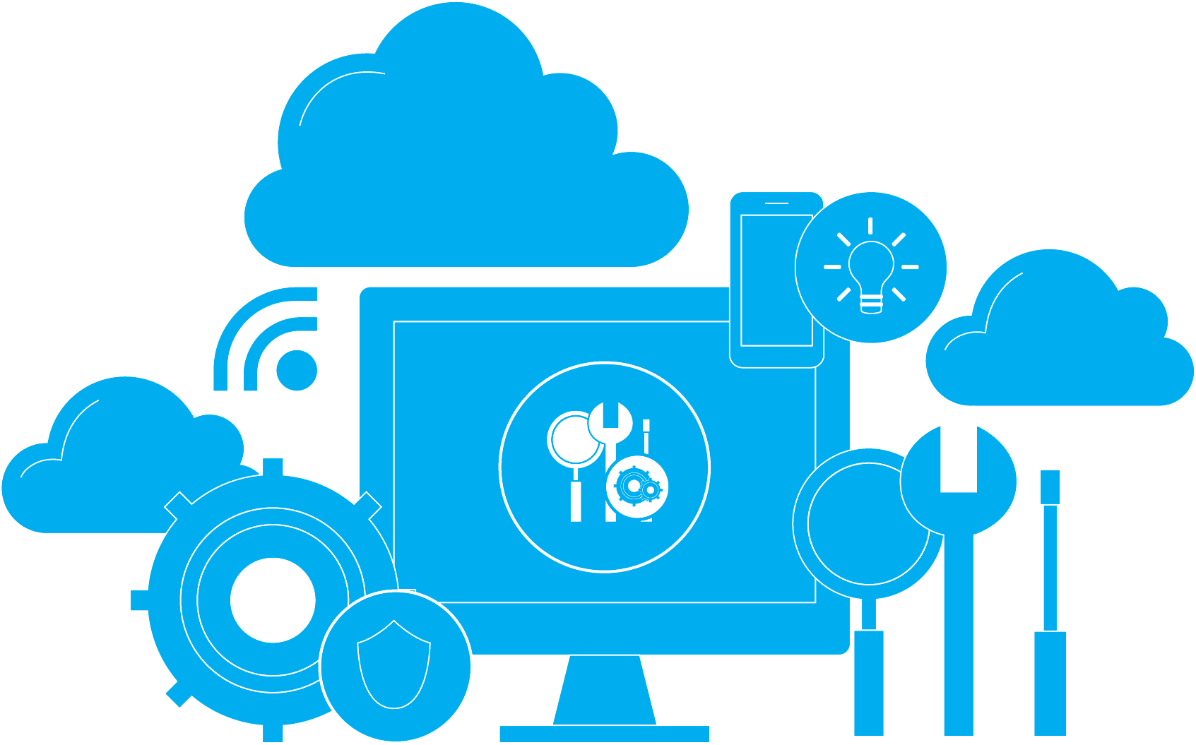 A Microsoft Configuration Manager icon surrounded by supporting icons that represent real-time device actions, secure and scalable app deployments, cloud-connected analytics, centralized compliance settings management, and enterprise-wide device control across hybrid environments.