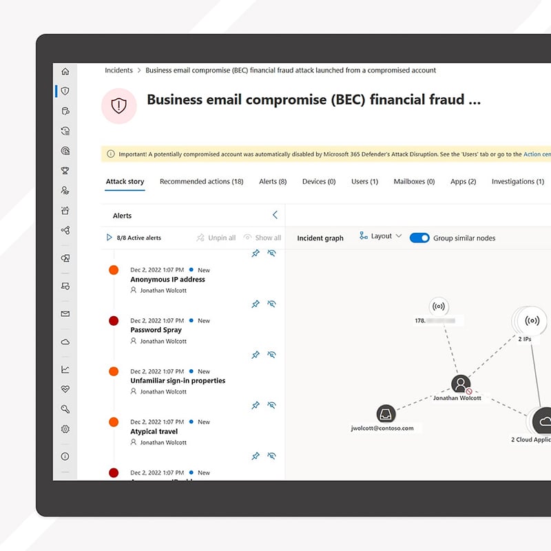 A screenshot highlights Microsoft Defender’s automation power—alert correlation, guided incident response, and self-healing endpoints work together to accelerate resolution times and reduce security team fatigue.