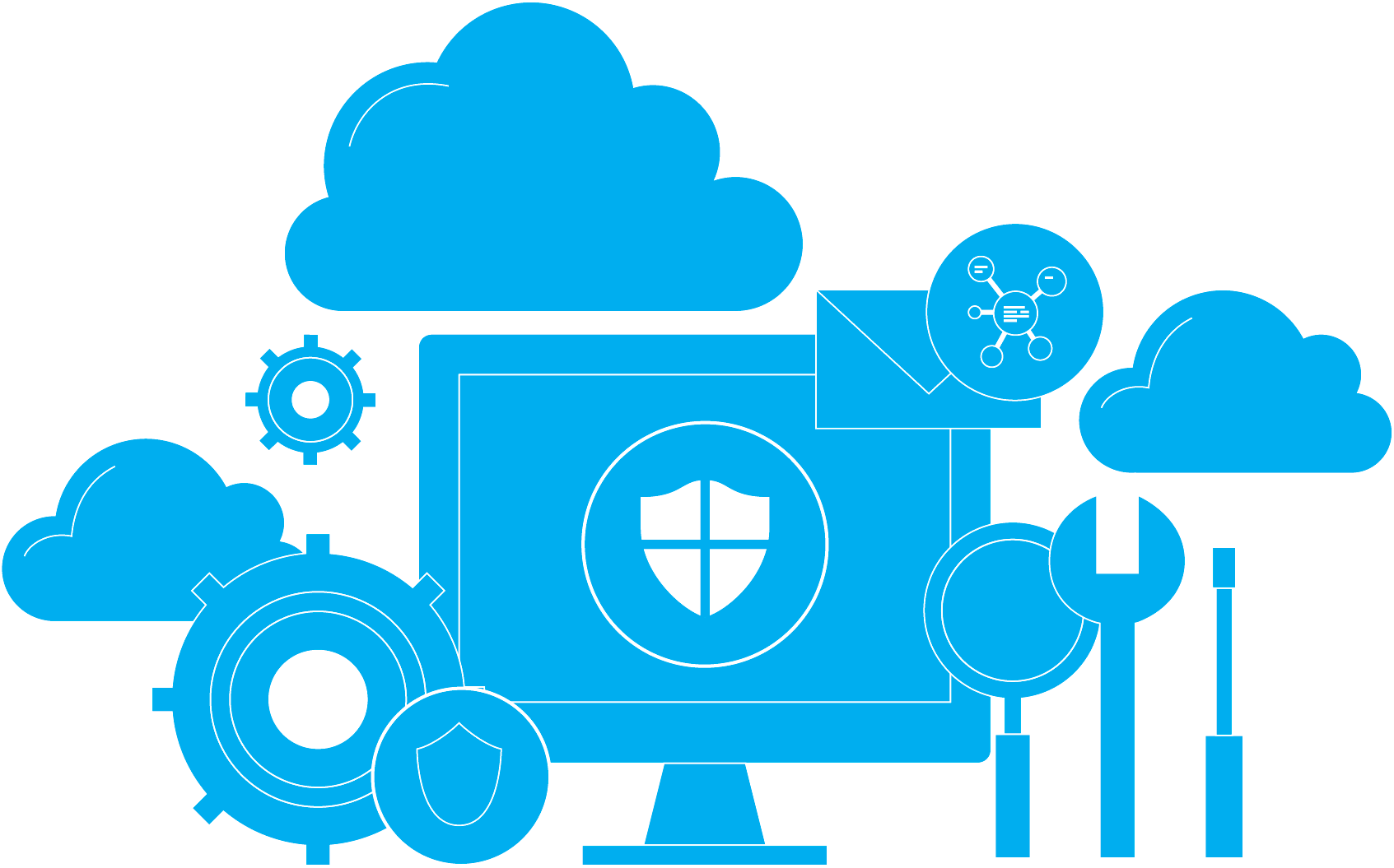 A central Microsoft Defender shield icon is surrounded by complementary icons representing its powerful capabilities — including defending against malicious cyberthreats, securing endpoints and emails, preventing, detecting, and responding to attacks across cloud environments, and ensuring unified protection for your organization.
