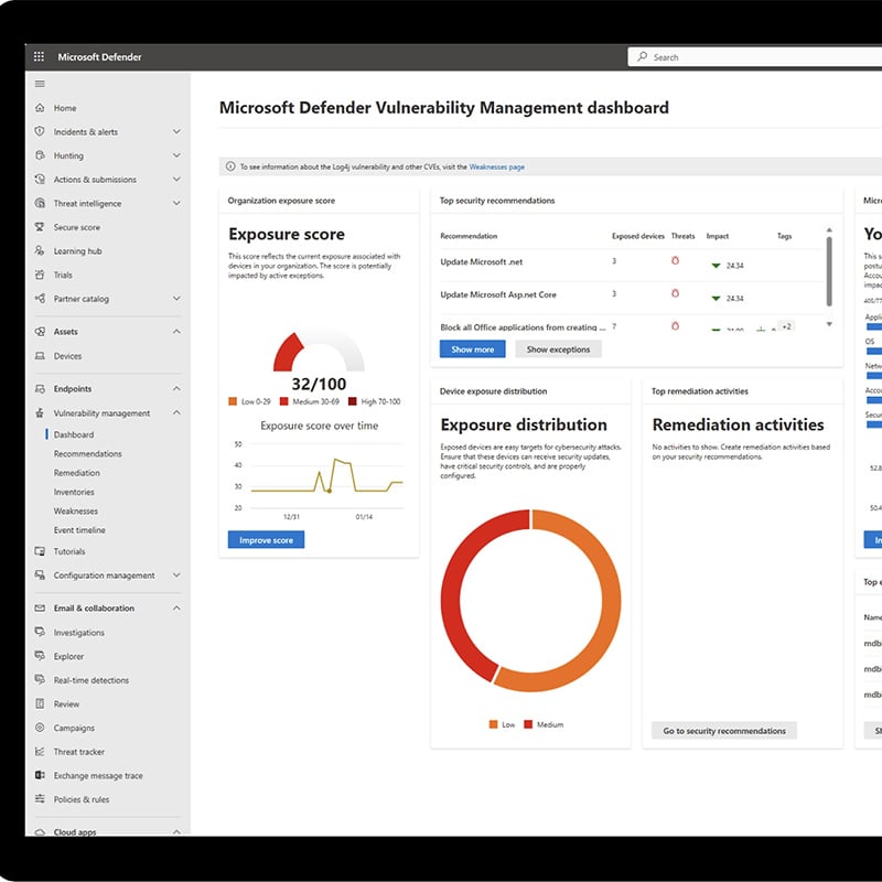 A Defender for Business Vulnerability Management dashboard displays prioritized security recommendations—helping IT teams quickly identify, assess, and remediate risks across all devices before they’re exploited.