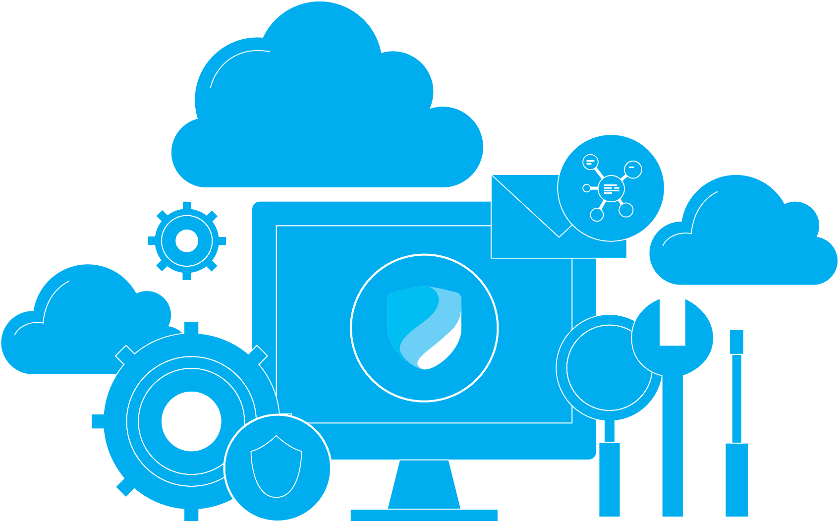 A central Microsoft Defender shield icon is surrounded by complementary icons representing its powerful capabilities — including defending against malicious cyberthreats, securing endpoints and emails, preventing, detecting, and responding to attacks across cloud environments, and ensuring unified protection for your organization.