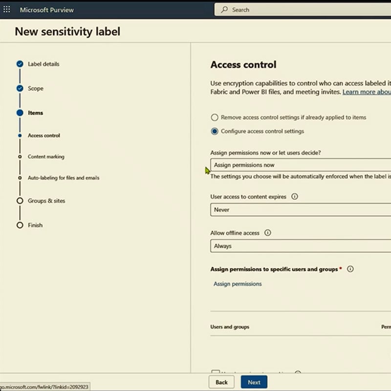 A screenshot of Microsoft Purview Information Protection shows how sensitivity labels help the organization classify, protect, and maintain better control over sensitive data.