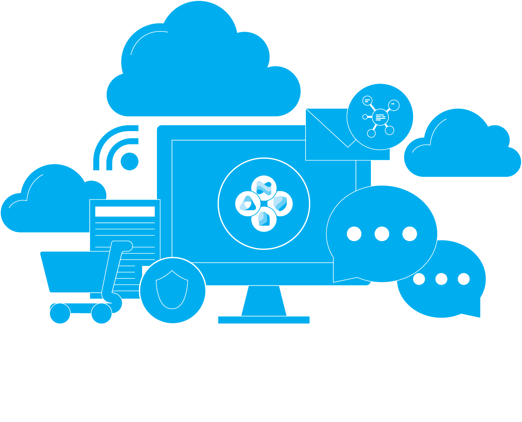 A Microsoft Enterprise Mobility + Security icon surrounded by supporting icons representing identity-driven security, sensitivity labeling, endpoint management, cloud connectivity, and data protection—illustrating unified control over users, devices, and information.