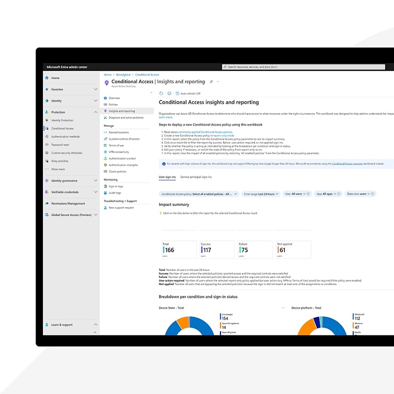 A screenshot of the Microsoft Entra conditional access dashboard demonstrating how it can secure access by enforcing role-based controls, verifying device compliance, and applying real-time risk assessments to protect sensitive business data.