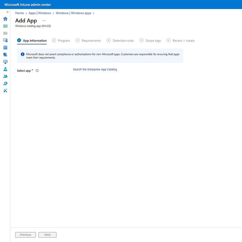 Onscreen, an admin searches the Enterprise App Catalog, selects a prepackaged third-party app, and schedules an update—no downloads required.