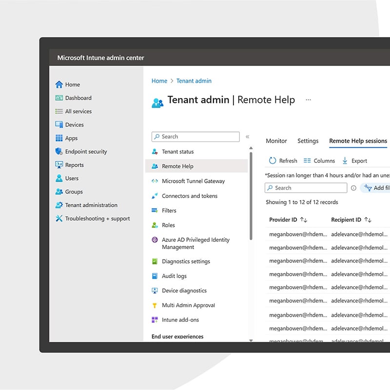 The Microsoft Intune Remote Help interface gives IT teams visibility into secure remote sessions, device status, and permissions, helping the organization maintain control and accountability.