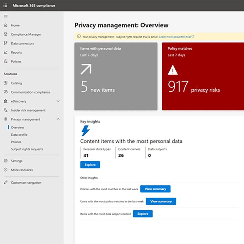 Coworkers use Microsoft Priva to securely collaborate on subject rights requests, ensuring sensitive personal data is handled appropriately and in compliance with regulatory requirements, streamlining request fulfillment while maintaining security and data protection best practices.