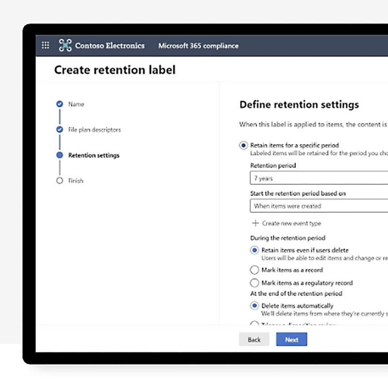 A screenshot displays how easy it is to create custom retention labels within Microsoft Purview Data Lifecycle Management, enabling organizations to define content lifespan by type or business need.