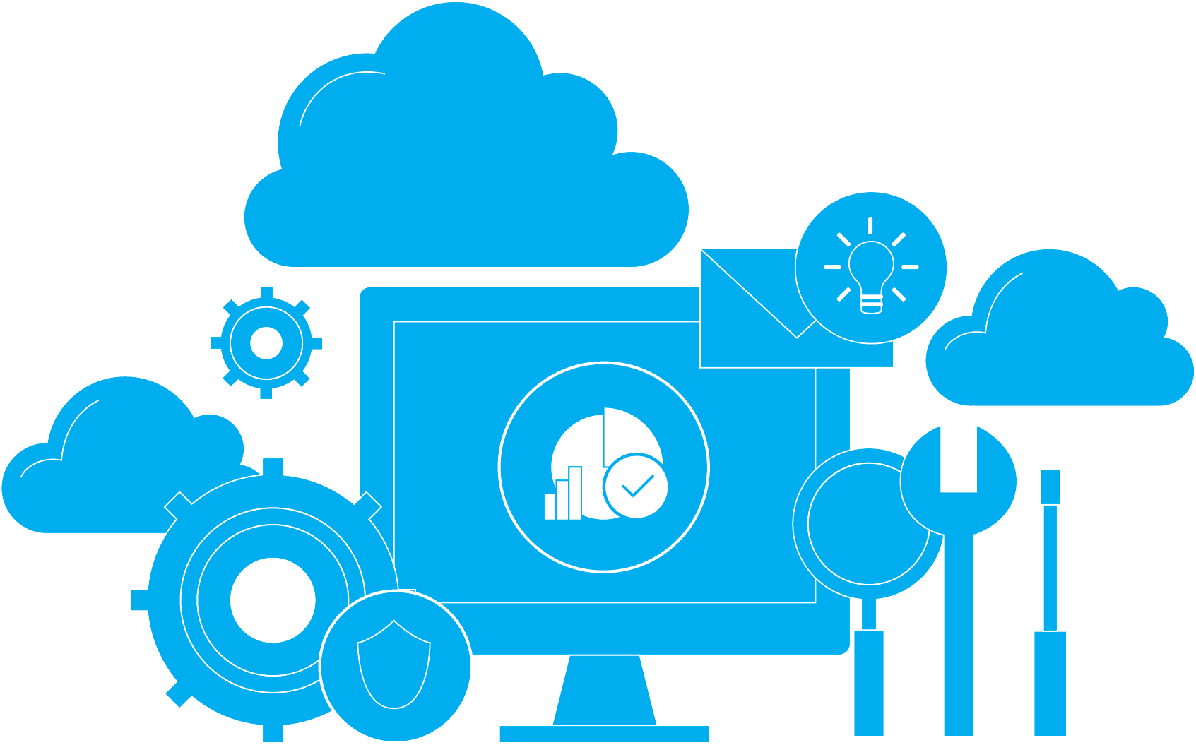 A central Microsoft Purview Data Loss Prevention icon is surrounded by icons for data security, cloud services, policy enforcement, endpoints, and leak prevention—illustrating DLP’s ability to monitor, detect, and block the unauthorized sharing of sensitive data across apps, devices, and environments.