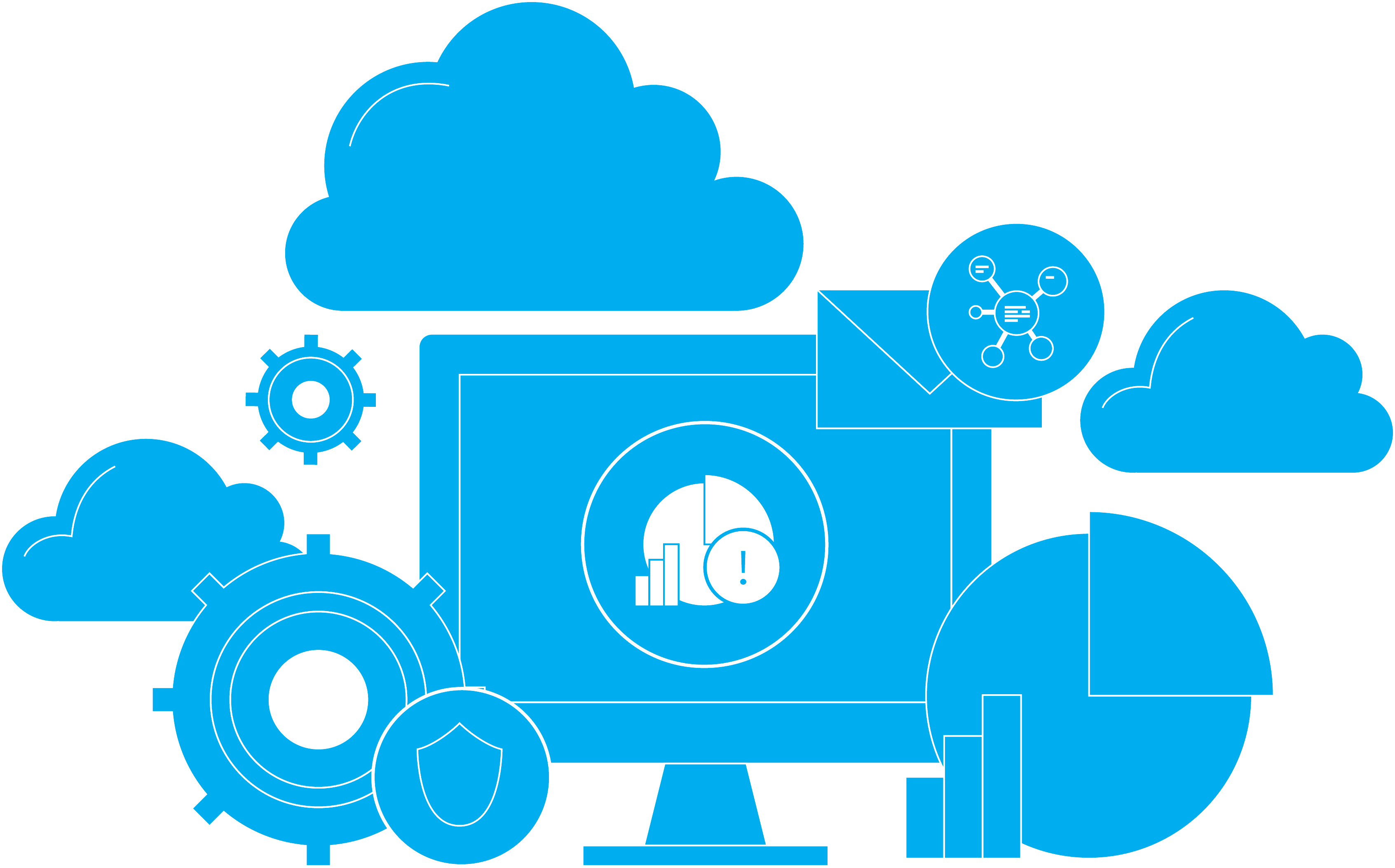 A central Microsoft Purview Information Protection icon is surrounded by supporting icons—including data security alerts, cloud coverage, sensitivity labels, insider risk management, and data classification—representing its ability to discover, classify, and protect sensitive data across your entire digital landscape.