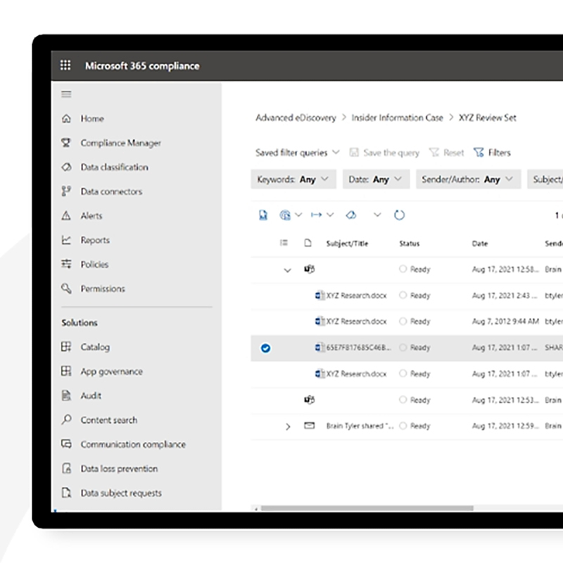 A screenshot of the Microsoft Purview eDiscovery dashboard shows key tools—review sets, near-duplicate detection, and machine learning—that help reduce review time and improve relevance.