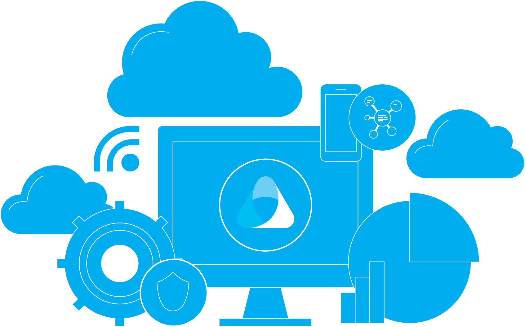 A central Microsoft Purview icon is surrounded by complementary icons—including data security, cloud coverage, governance, compliance, and risk response—visually representing Purview’s unified approach to safeguarding, managing, and governing data across your entire environment.