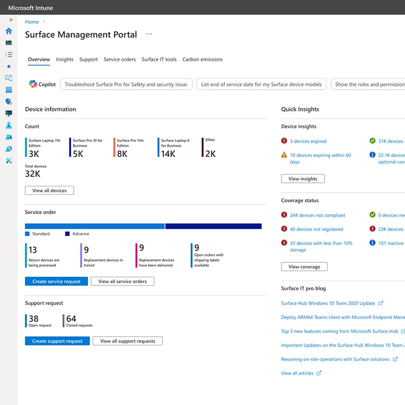 A screenshot of Microsoft Security Copilot within the Microsoft Intune environment highlights how security teams can analyze incidents and investigate threats across managed devices from a single interface.