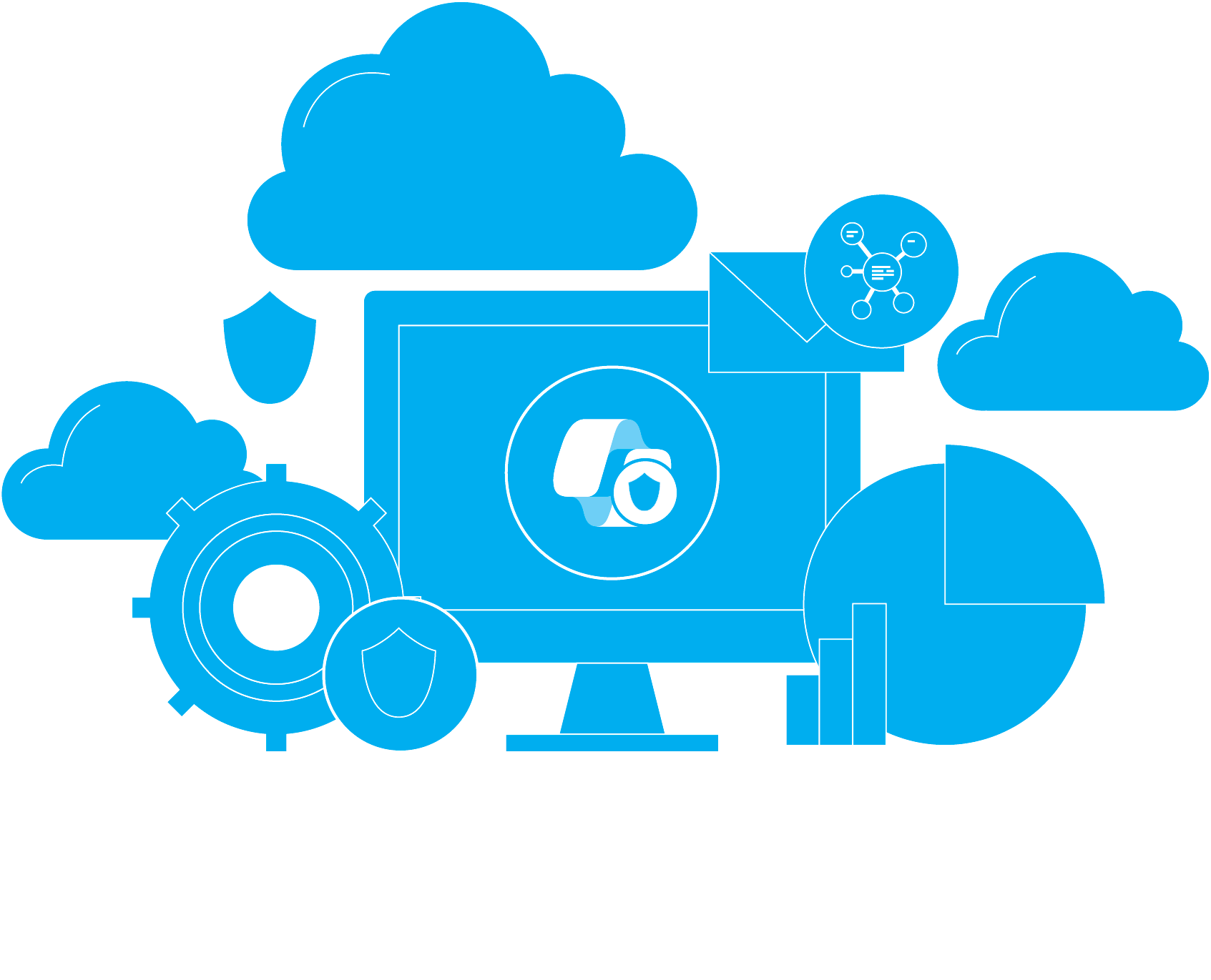 A Microsoft Security Copilot icon surrounded by supporting icons that represent collecting security data, correlating alerts, intelligent security analytics, identity protection, data security and governance, and understanding risk across multicloud environments.