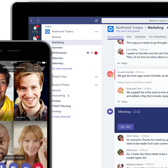 A screenshot of a Microsoft Teams channel titled 'Marketing' displays employees actively engaging in conversations, sharing ideas, and collaborating seamlessly in real time.